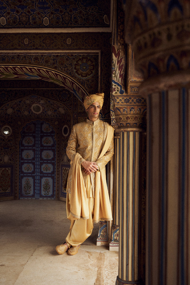 Gold Raw Silk Short Sherwani With A Satin Kurta And Dhoti