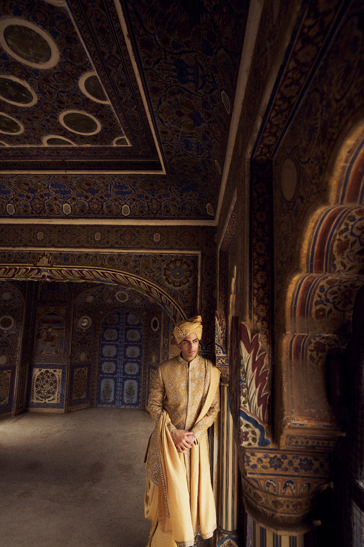Gold Raw Silk Short Sherwani With A Satin Kurta And Dhoti