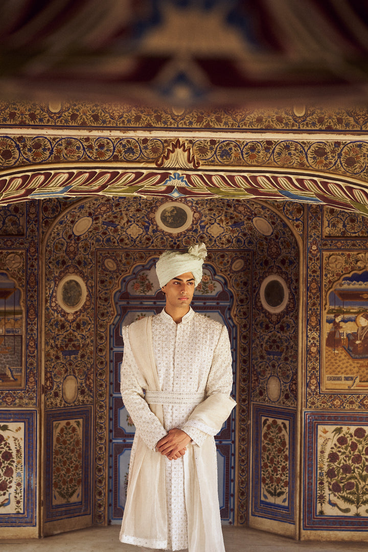 Ivory Raw Silk Sherwani With Kurta Churidar