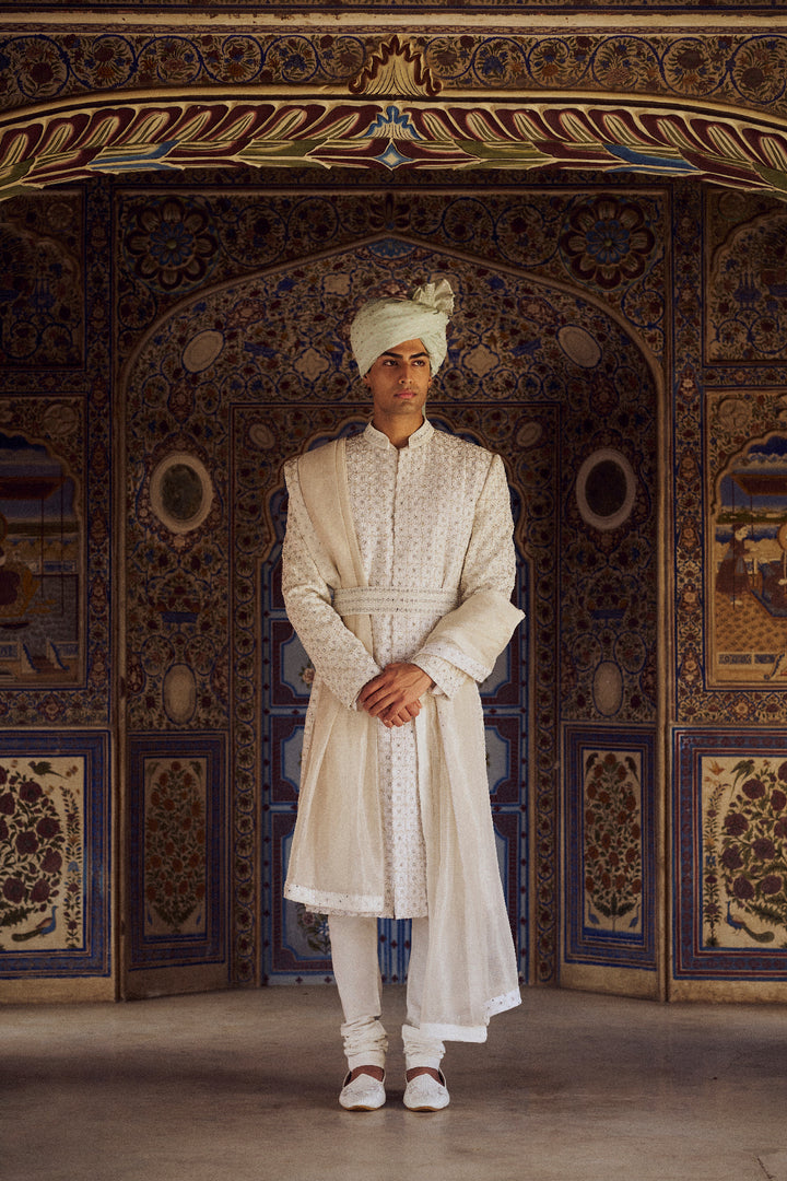 Ivory Raw Silk Sherwani With Kurta Churidar