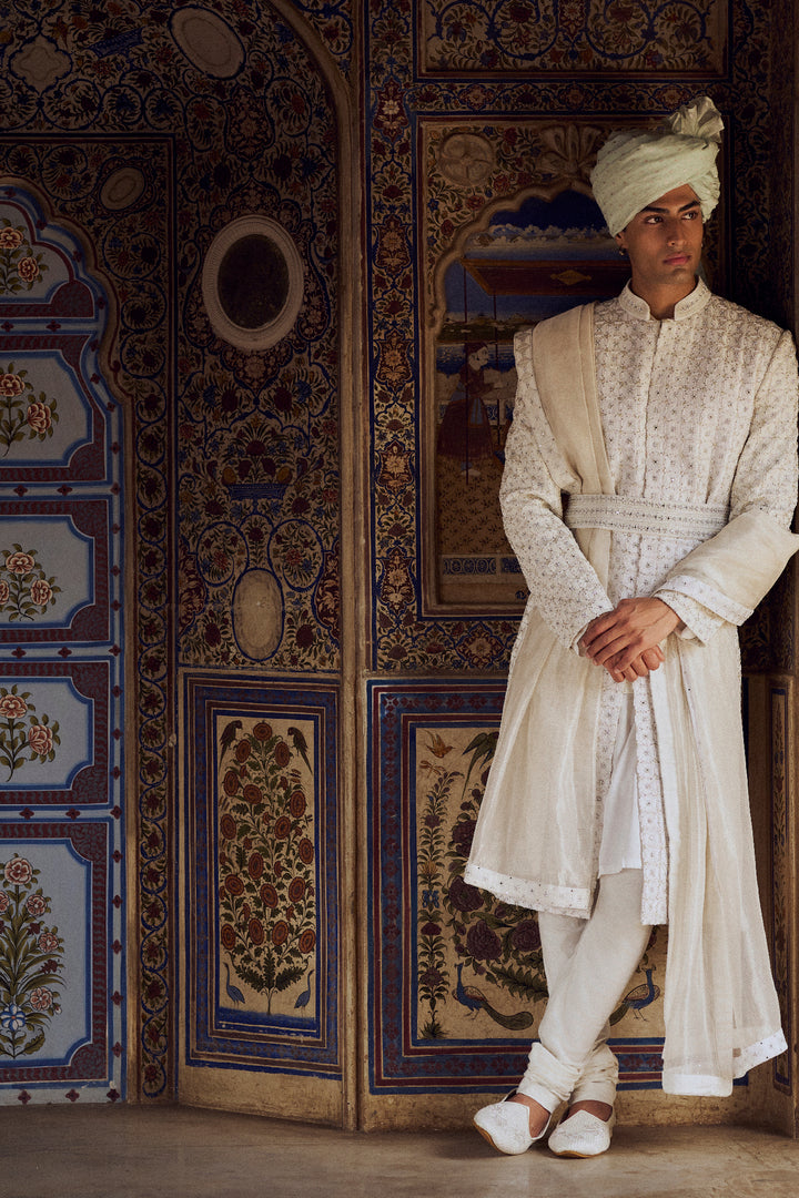 Ivory Raw Silk Sherwani With Kurta Churidar