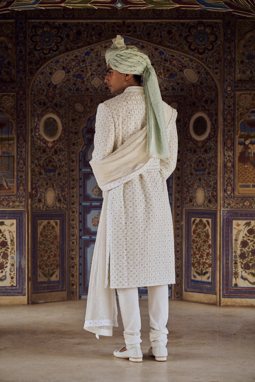 Ivory Raw Silk Sherwani With Kurta Churidar