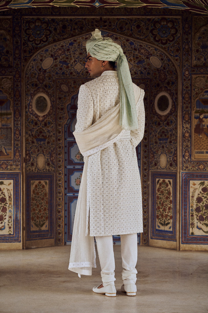 Ivory Raw Silk Sherwani With Kurta Churidar