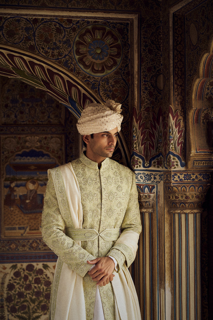 Mint Green Raw Silk Sherwani With Ivory Kurta And Trouser