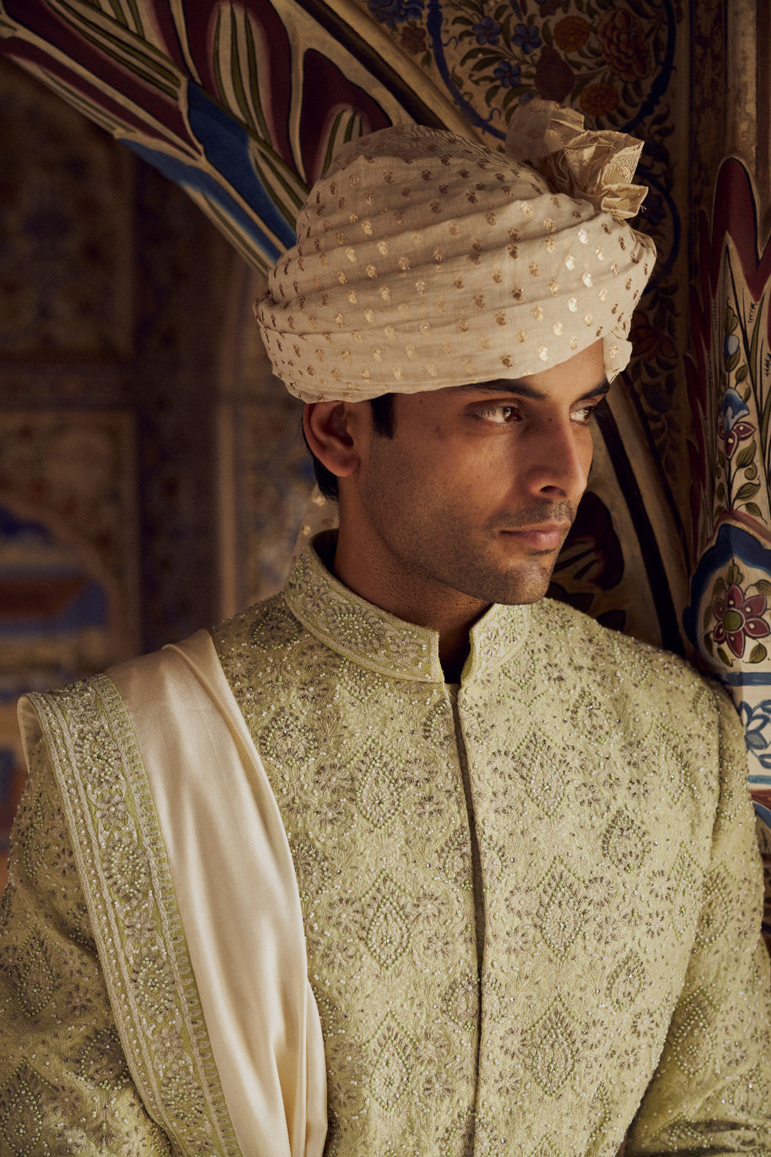 Mint Green Raw Silk Sherwani With Ivory Kurta And Trouser