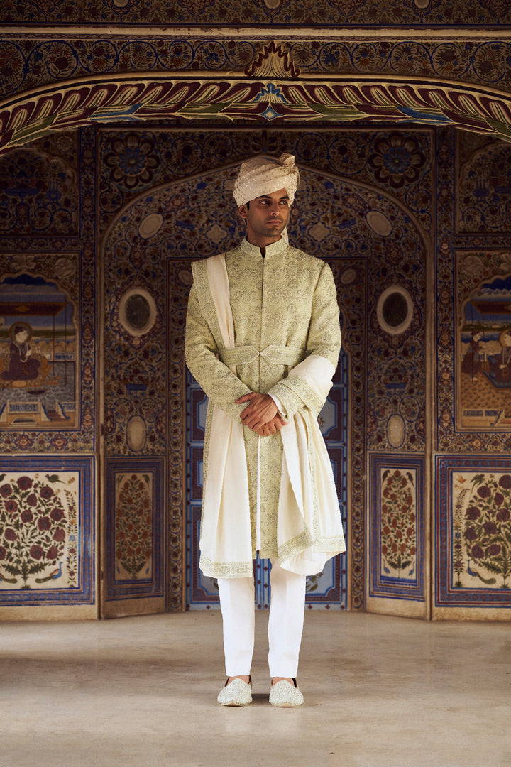 Mint Green Raw Silk Sherwani With Ivory Kurta And Trouser