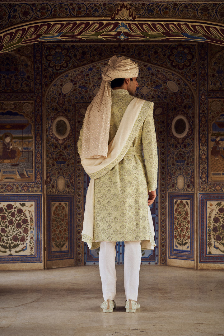 Mint Green Raw Silk Sherwani With Ivory Kurta And Trouser
