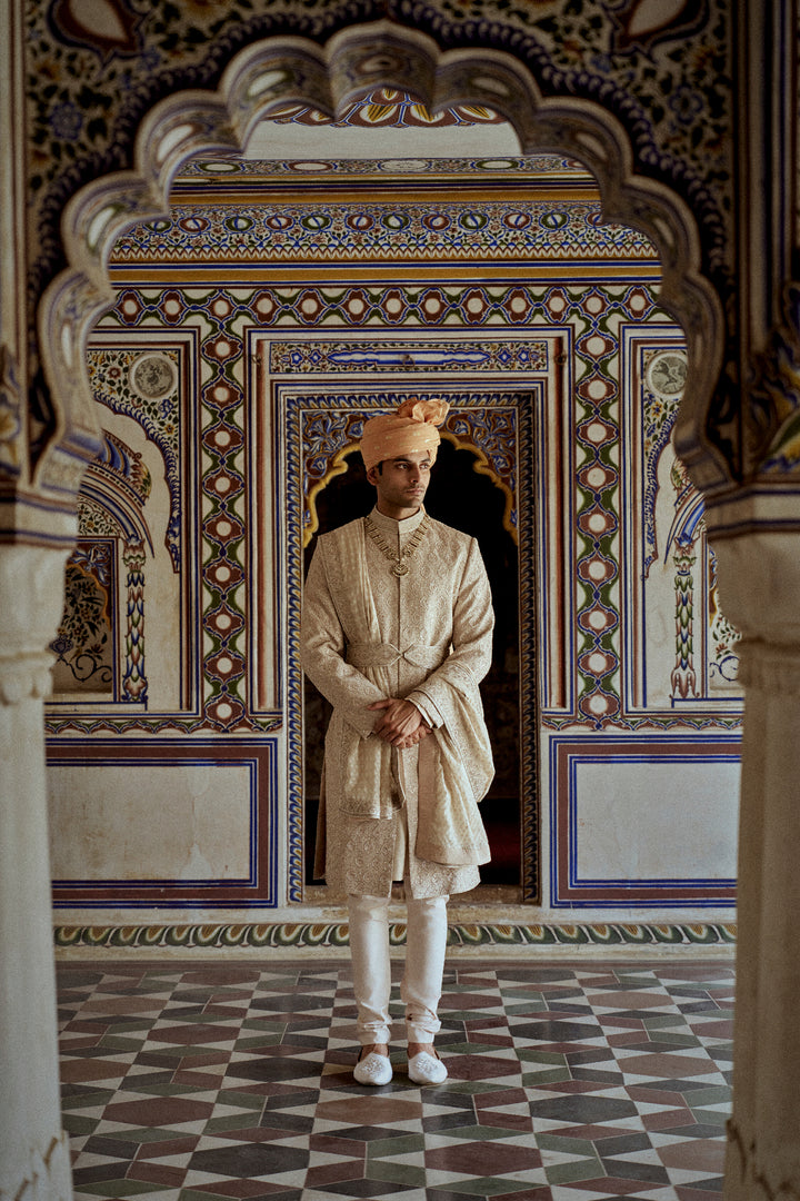 Mushroom Raw Silk Sherwani With A Cotton Silk Kurta And Churidar