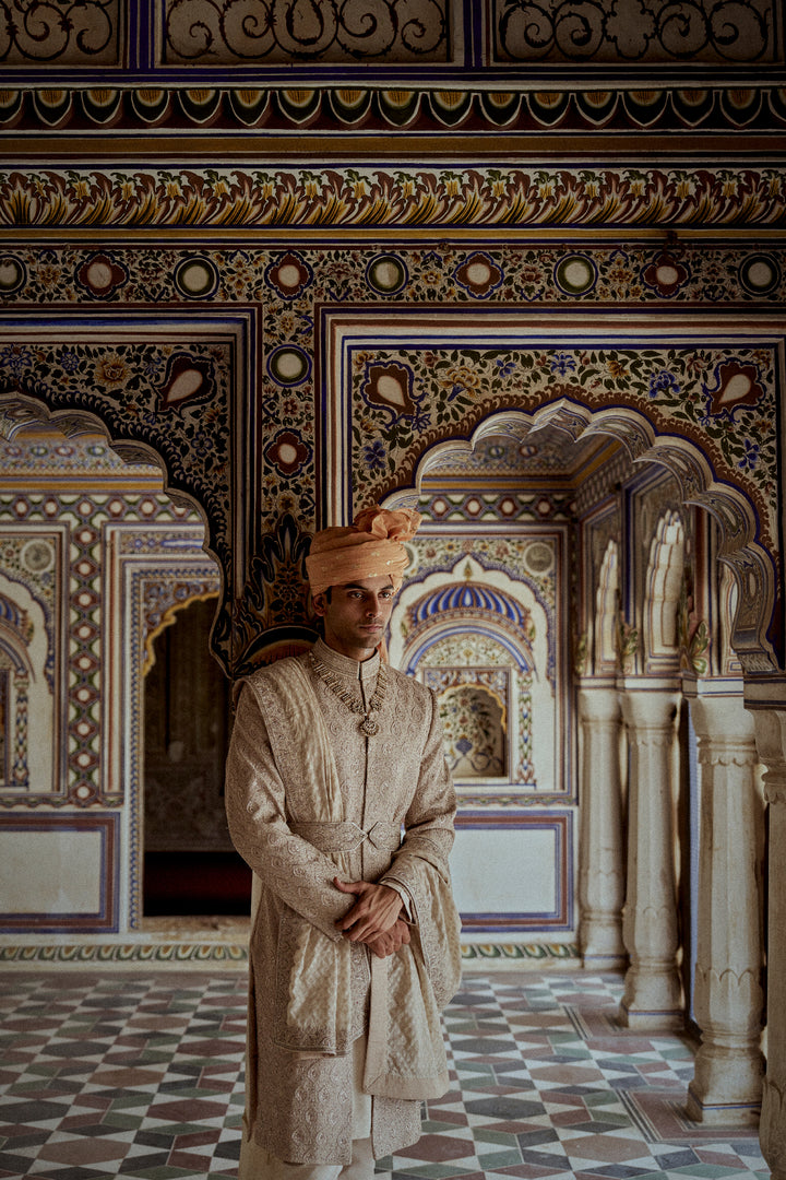 Mushroom Raw Silk Sherwani With A Cotton Silk Kurta And Churidar