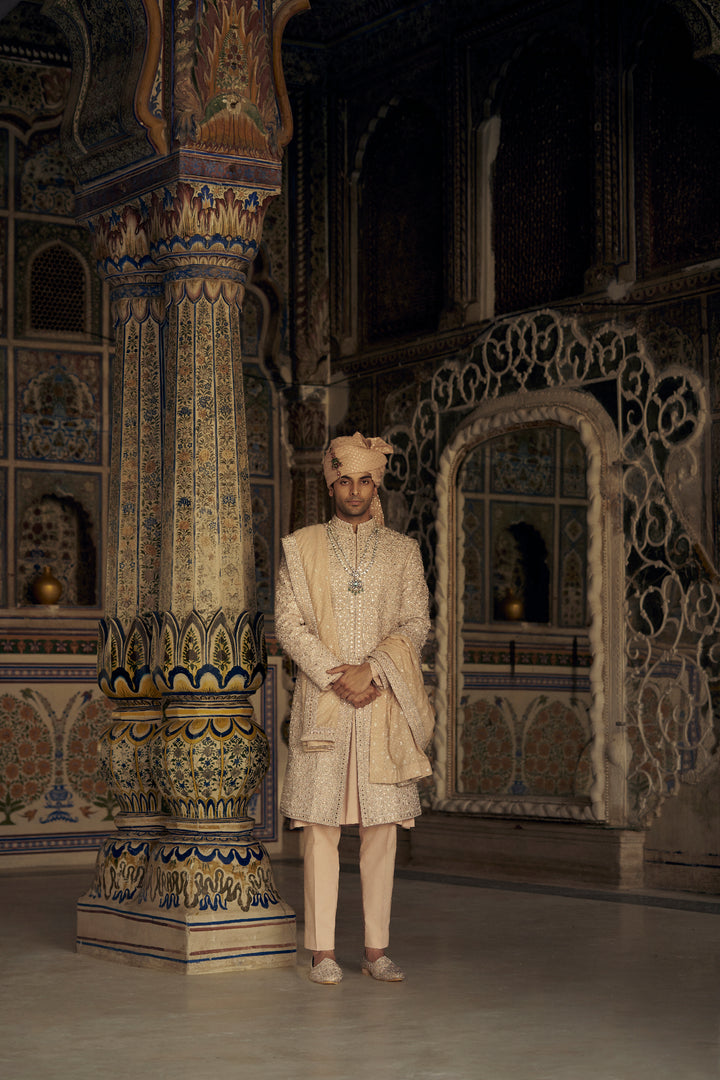 Peach Raw Silk Sherwani With Kurta And Trouser