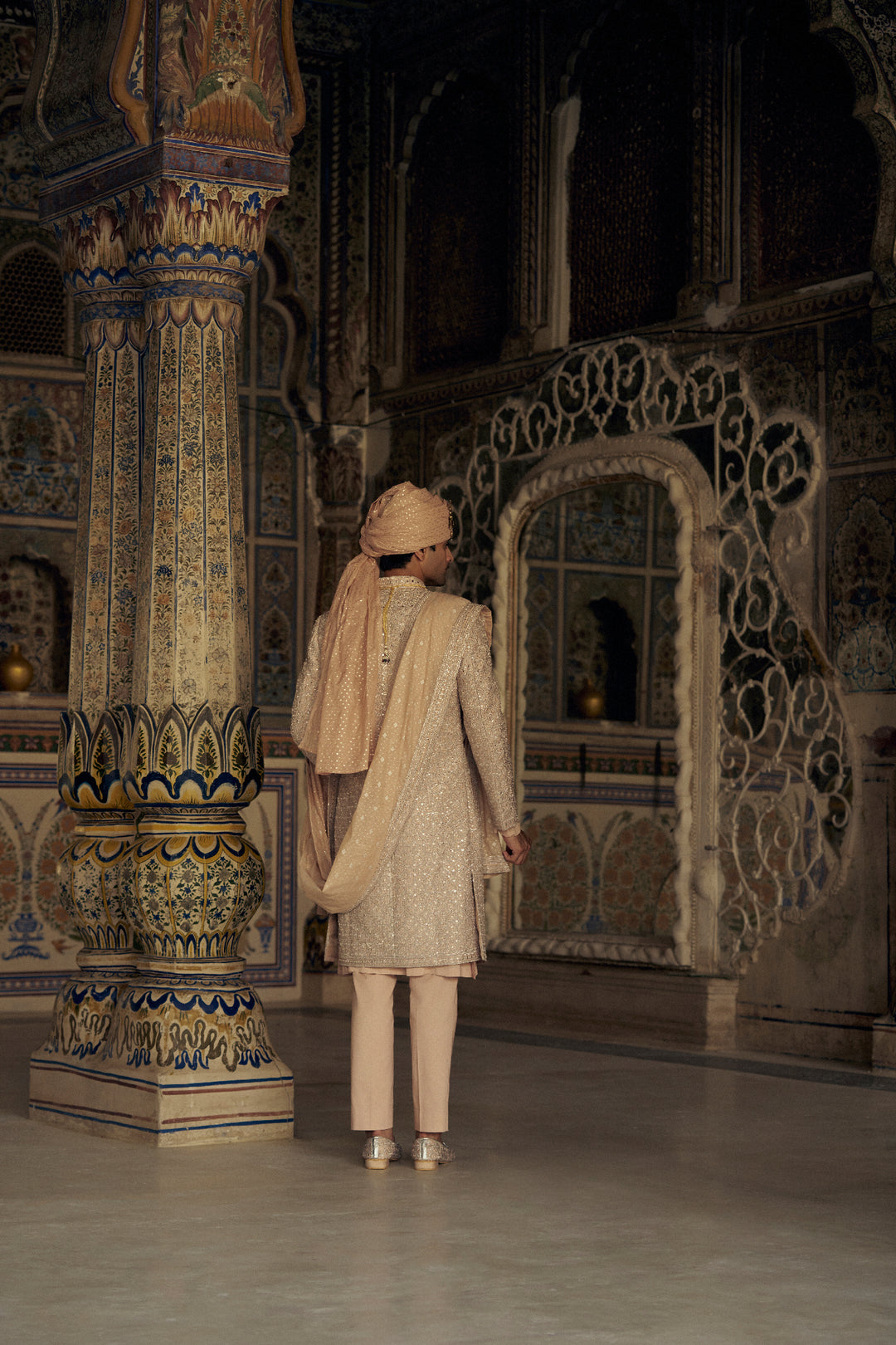 Peach Raw Silk Sherwani With Kurta And Trouser