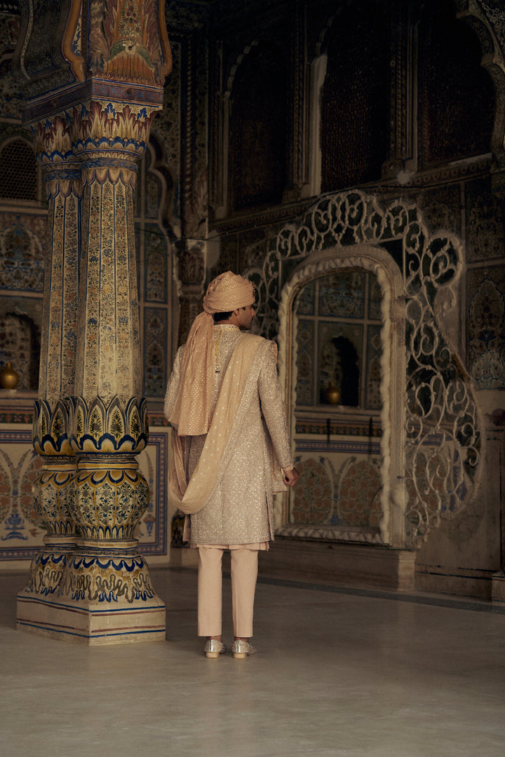 Peach Raw Silk Sherwani With Kurta And Trouser