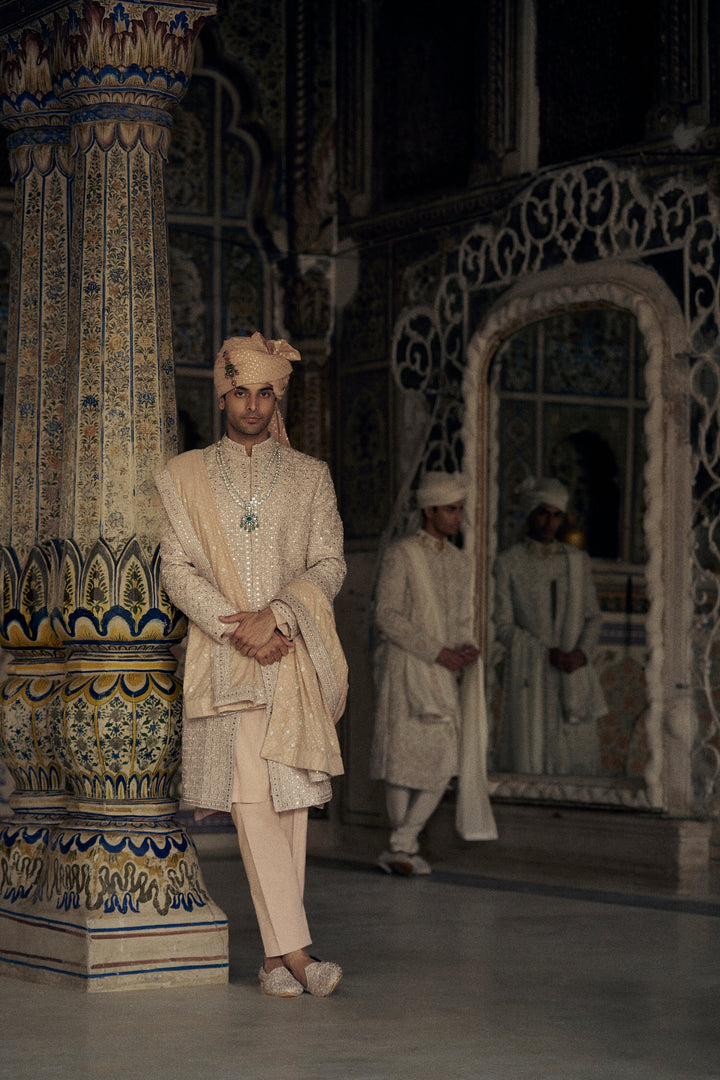 Peach Raw Silk Sherwani With Kurta And Trouser