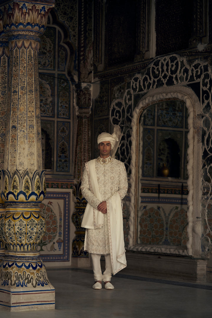 Peach Raw Silk Sherwani With Kurta And Trouser