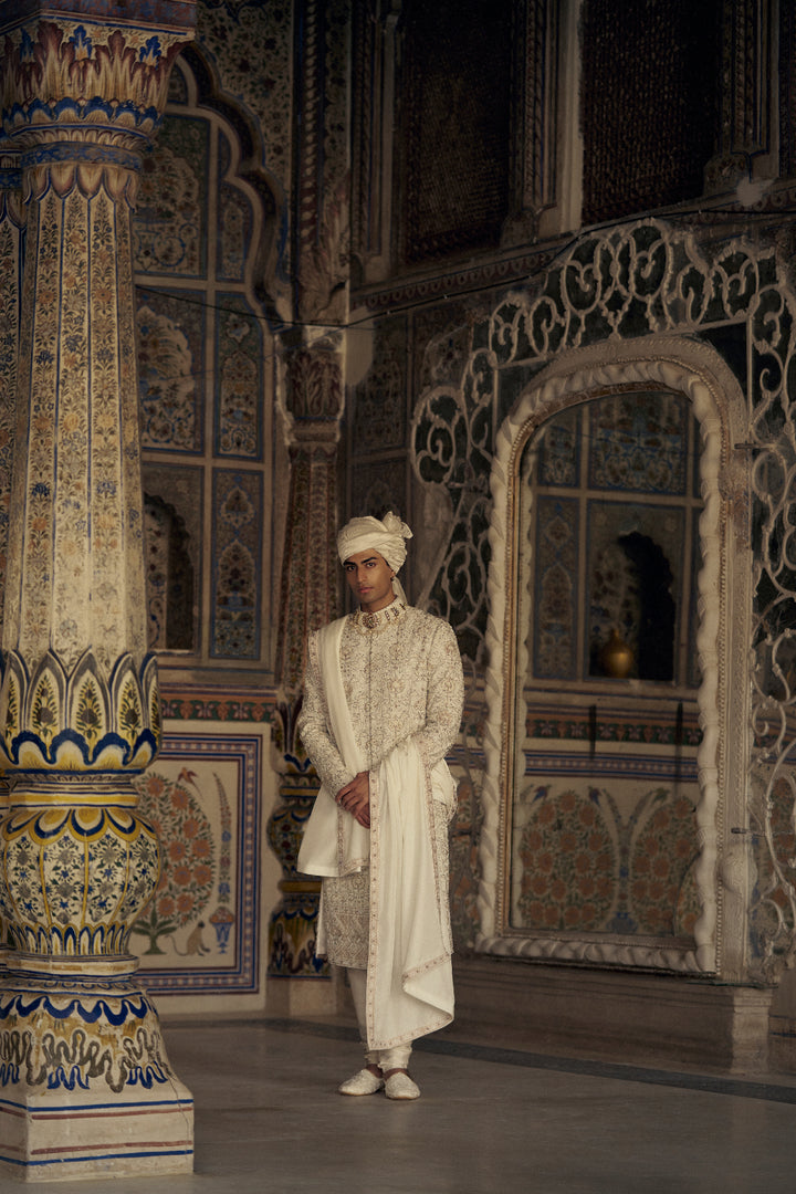 Ivory And Beige Raw Silk Sherwani Set With Kurta And Churidar
