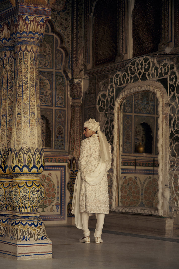 Ivory And Beige Raw Silk Sherwani Set With Kurta And Churidar