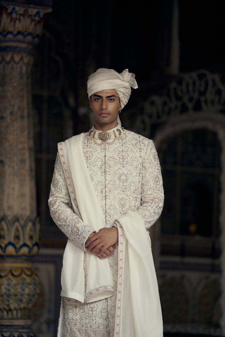 Ivory And Beige Raw Silk Sherwani Set With Kurta And Churidar
