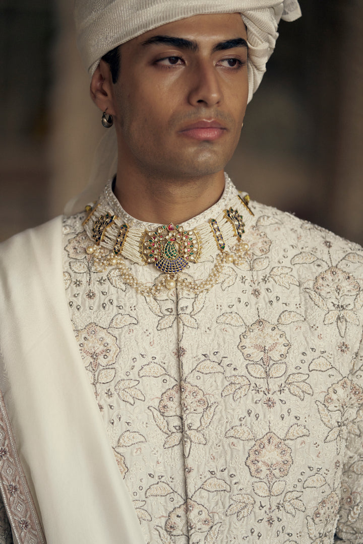 Ivory And Beige Raw Silk Sherwani Set With Kurta And Churidar