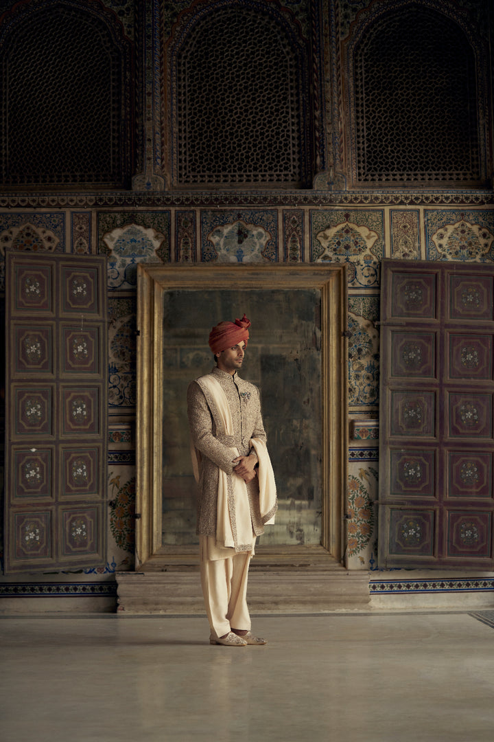 Mocca Raw Silk Sherwani With Kurta And Churidar