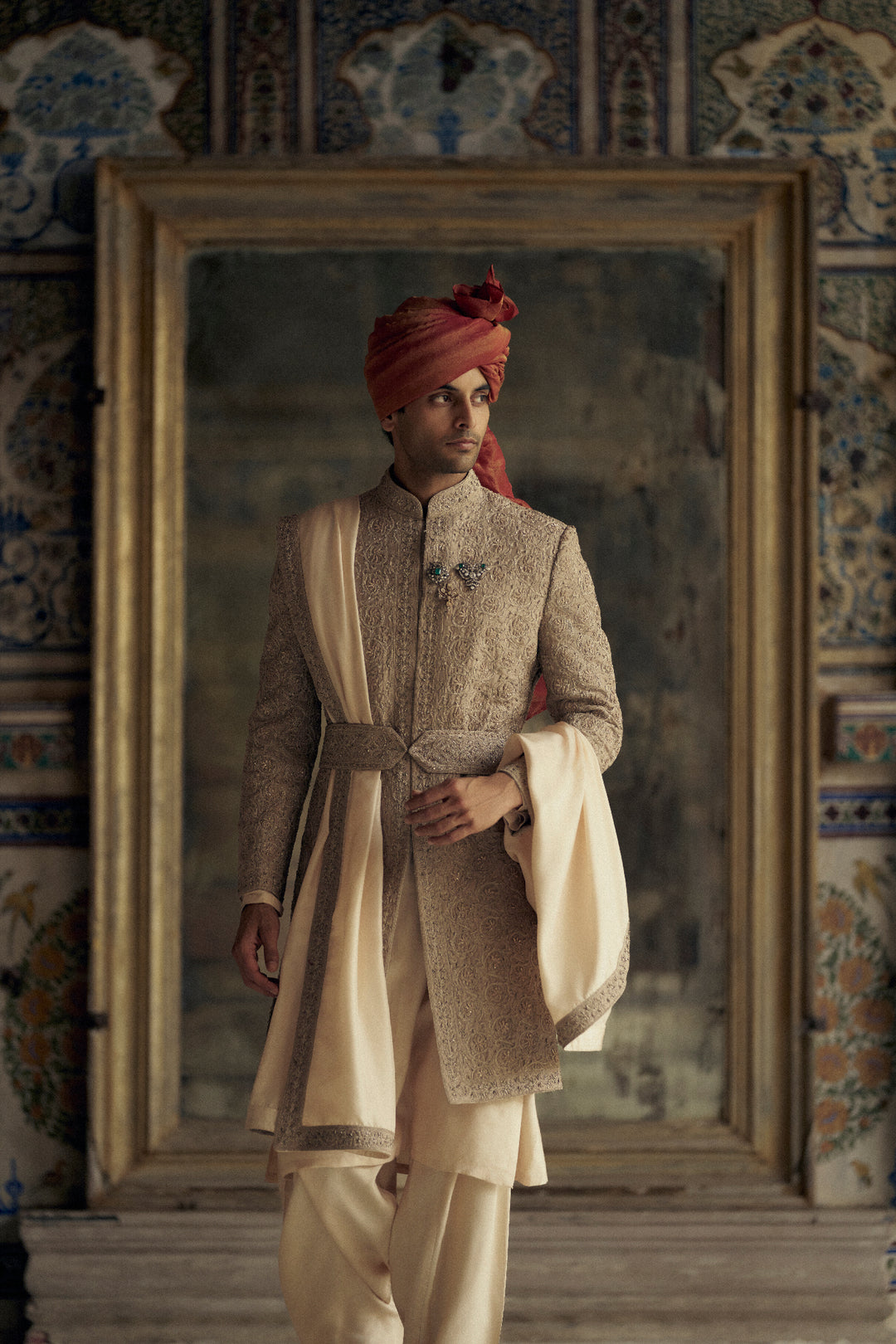 Mocca Raw Silk Sherwani With Kurta And Churidar