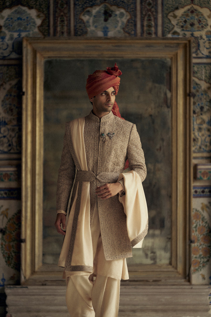 Mocca Raw Silk Sherwani With Kurta And Churidar