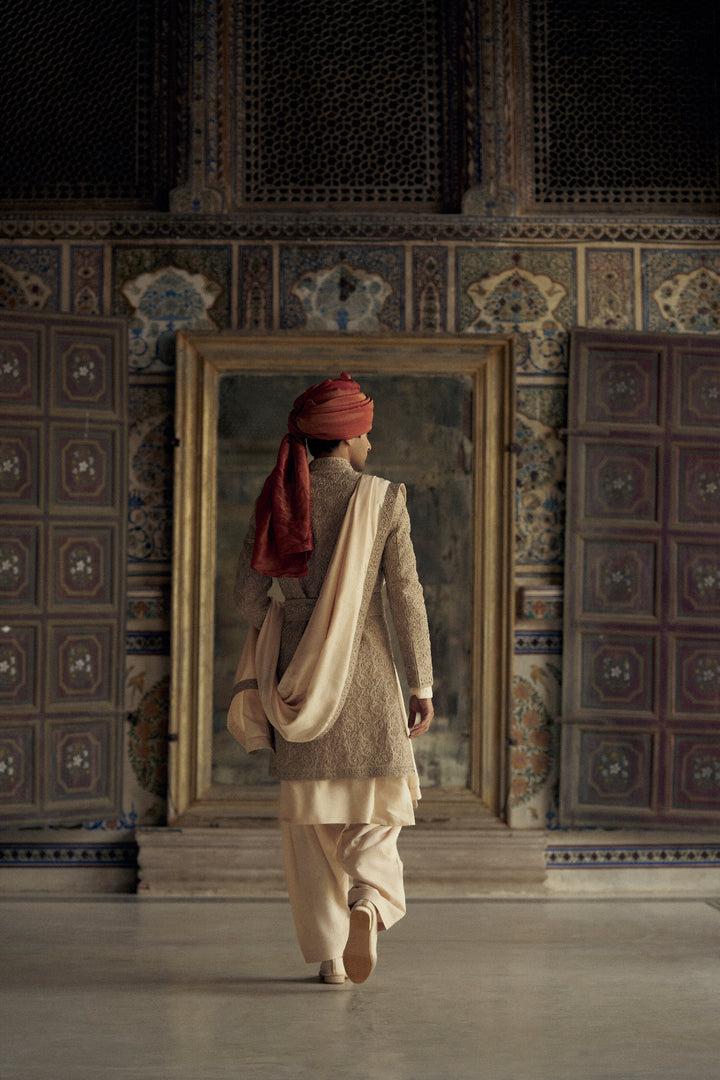 Mocca Raw Silk Sherwani With Kurta And Churidar