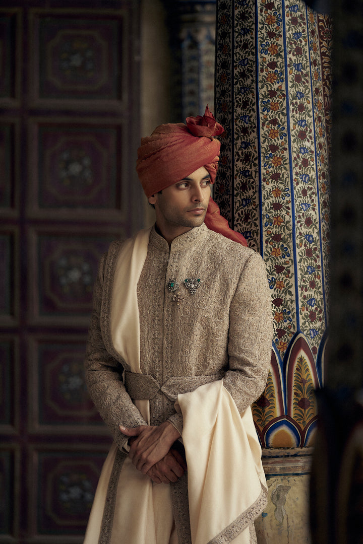 Mocca Raw Silk Sherwani With Kurta And Churidar