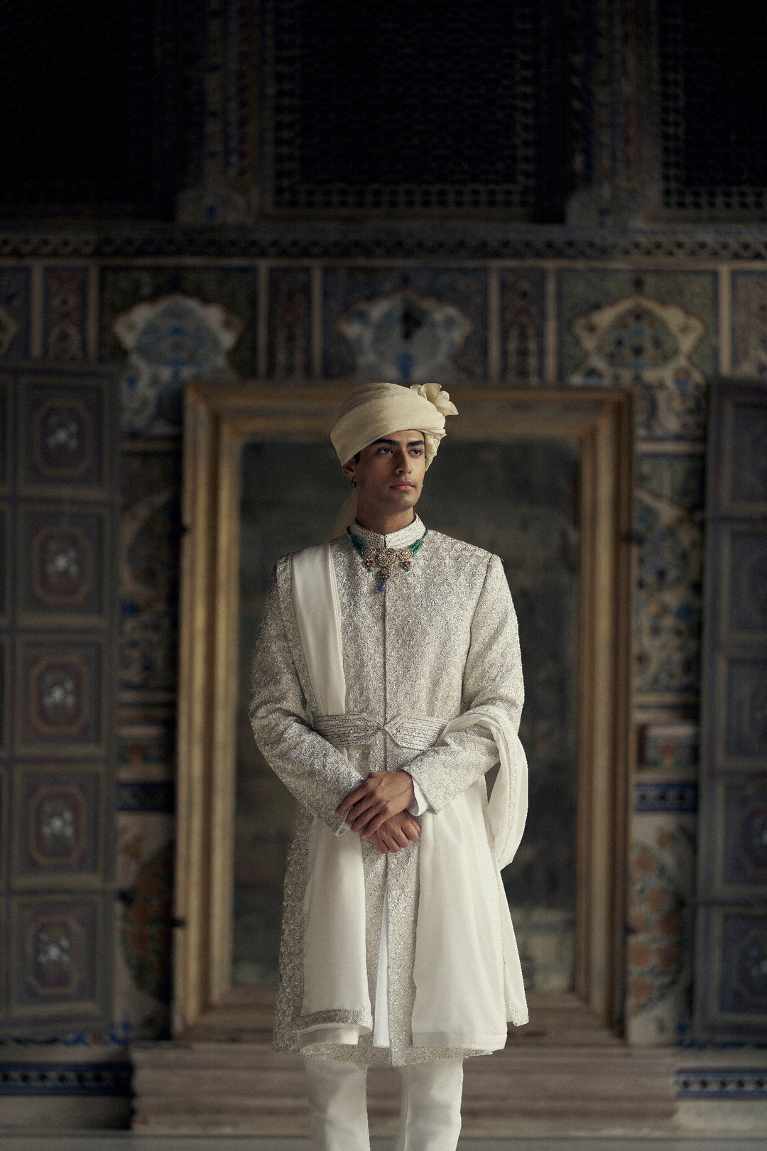 Ivory Raw Silk Sherwani With Kurta And Churidar