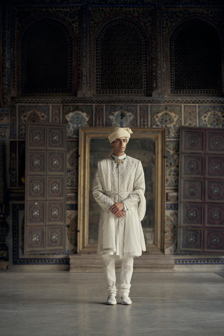 Ivory Raw Silk Sherwani With Kurta And Churidar