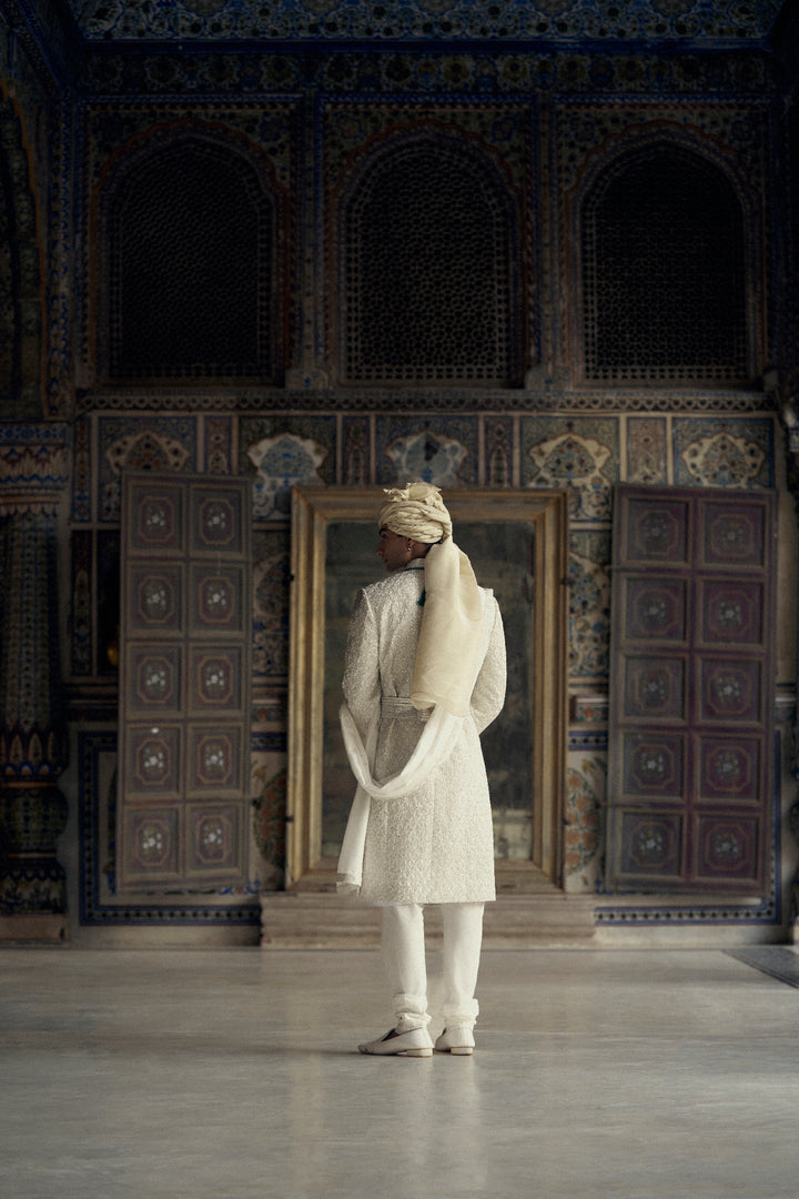 Ivory Raw Silk Sherwani With Kurta And Churidar