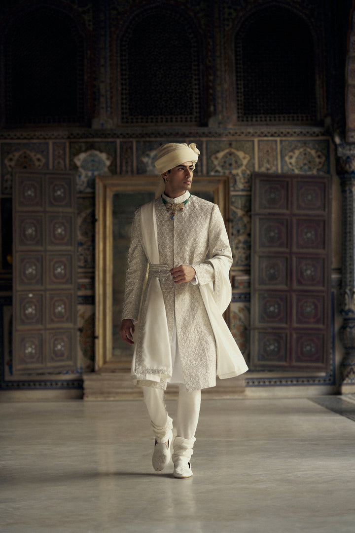 Ivory Raw Silk Sherwani With Kurta And Churidar