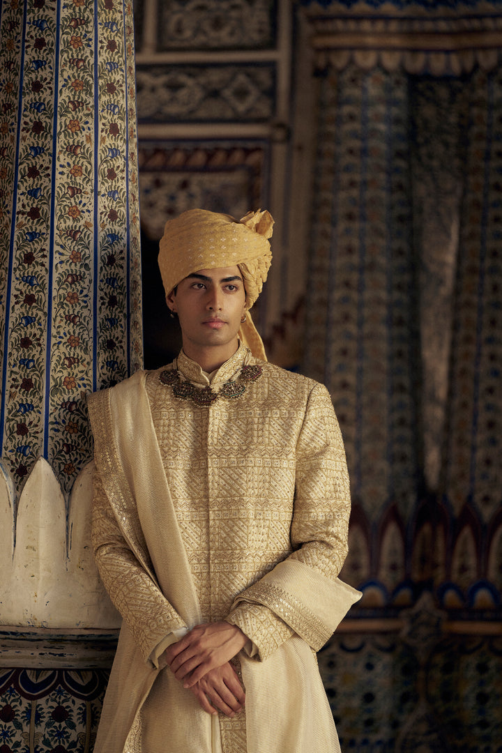 Gold Sherwani Set With Choga And Churidar
