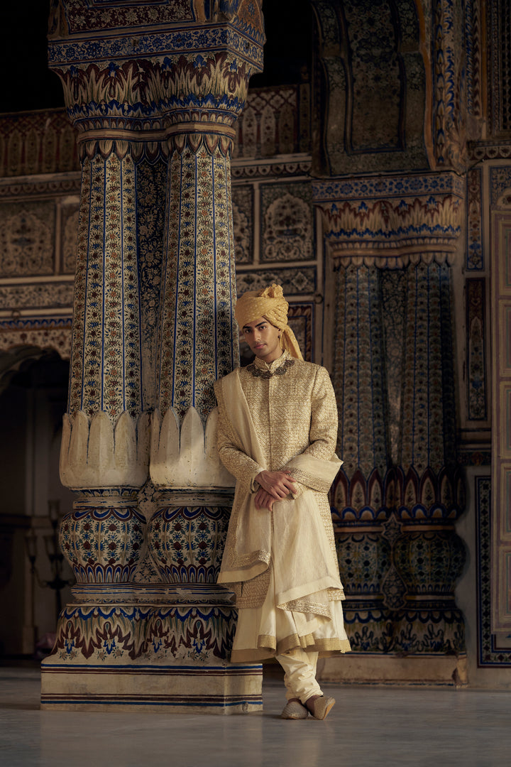 Gold Sherwani Set With Choga And Churidar