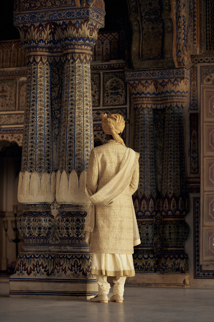 Gold Sherwani Set With Choga And Churidar
