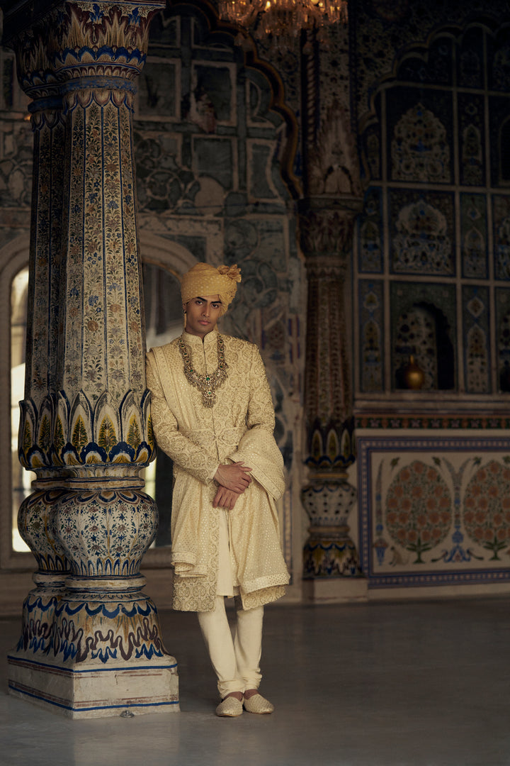 Gold Raw Silk Sherwani With Kurta And Churidar