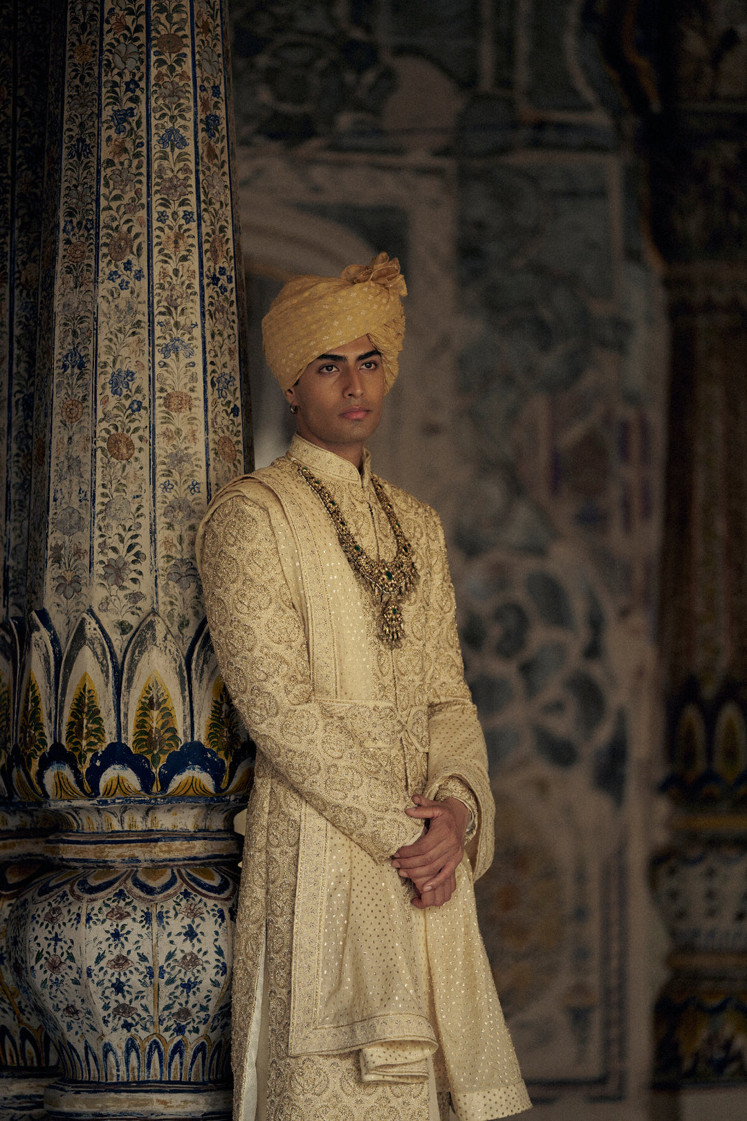Gold Raw Silk Sherwani With Kurta And Churidar