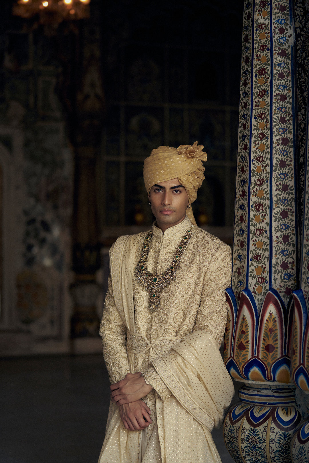 Gold Raw Silk Sherwani With Kurta And Churidar
