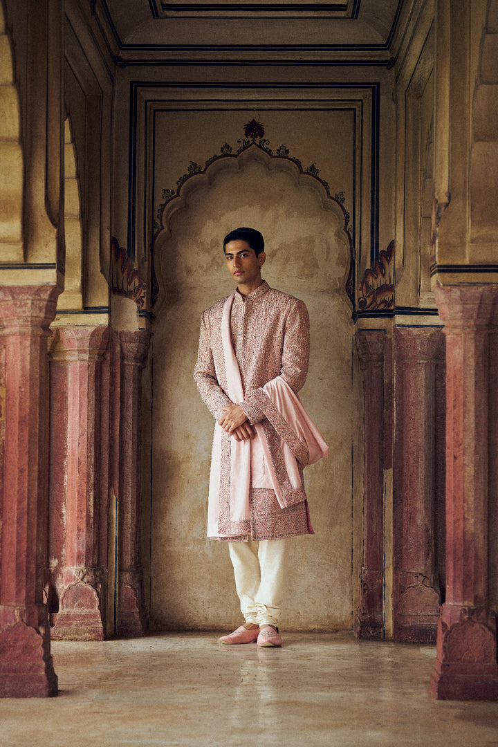 Dusty Rose Pink Sherwani With Kurta And Churidar