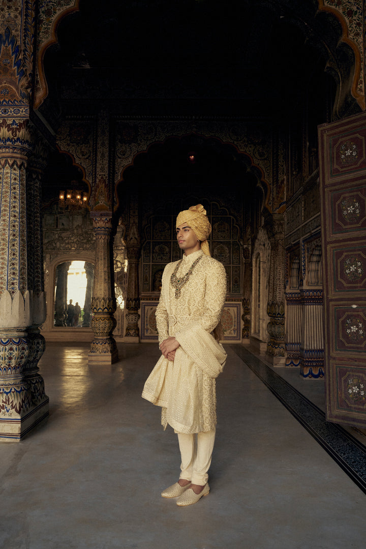 Gold Raw Silk Sherwani With Kurta And Churidar