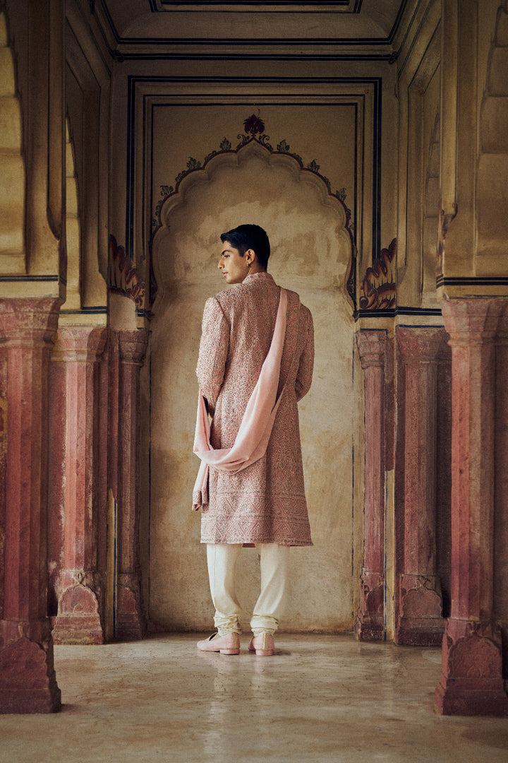 Dusty Rose Pink Sherwani With Kurta And Churidar