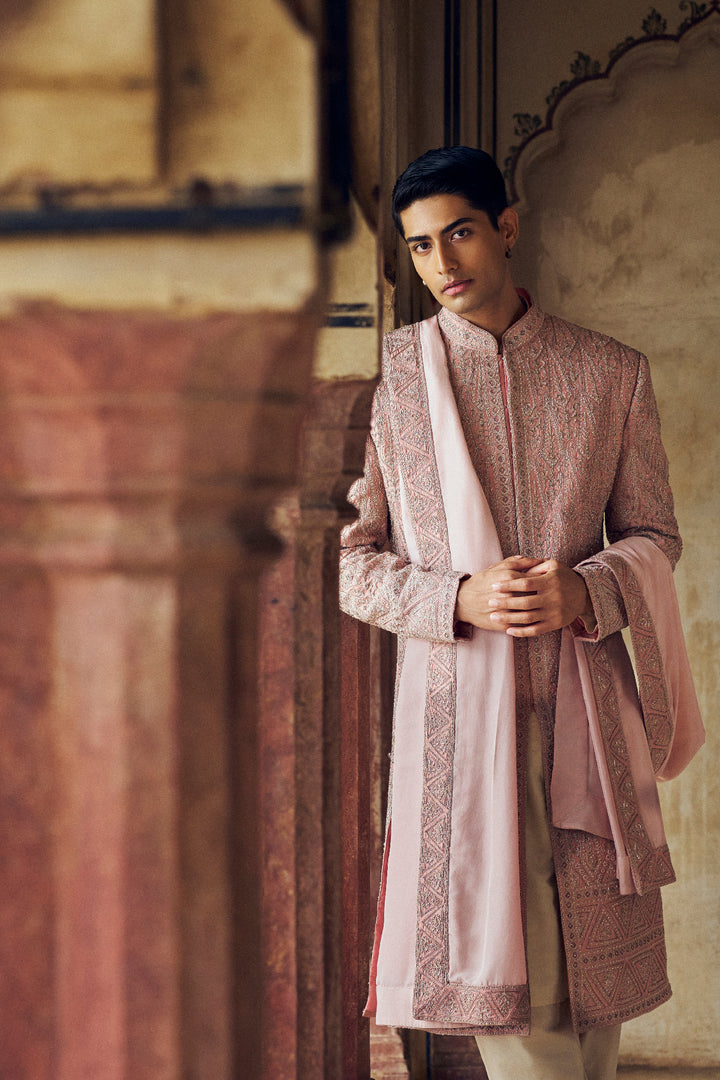 Dusty Rose Pink Sherwani With Kurta And Churidar
