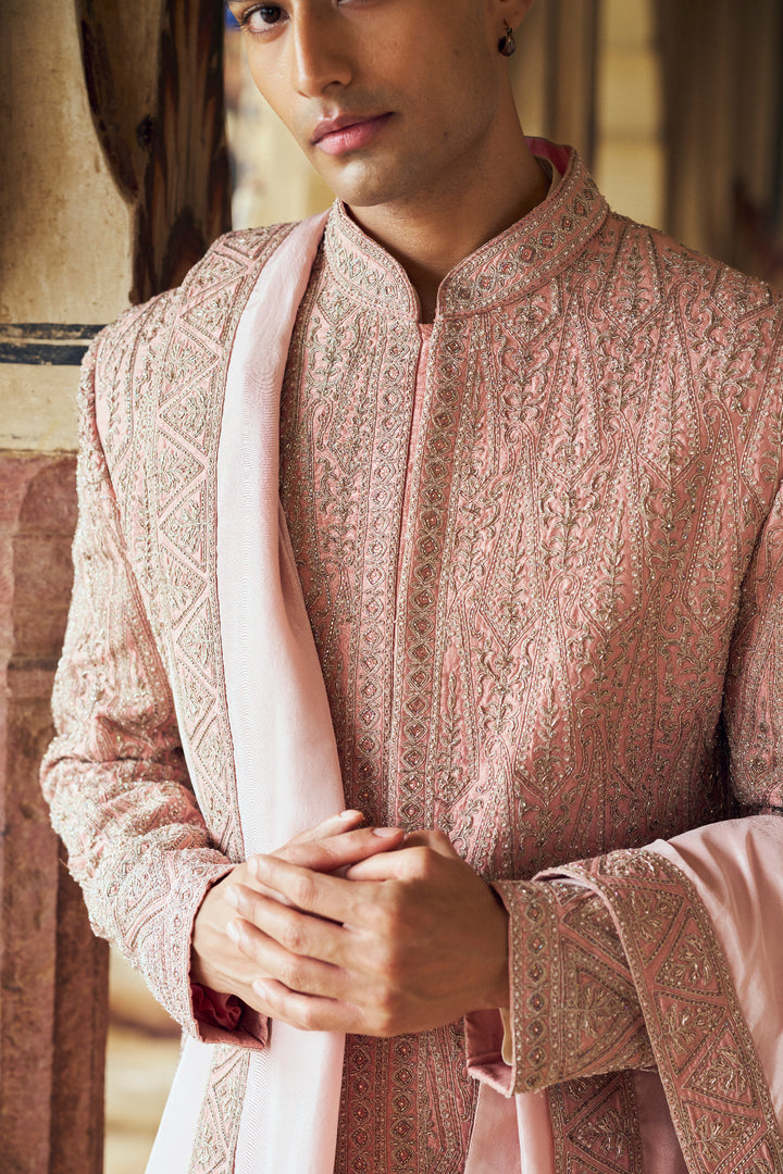 Dusty Rose Pink Sherwani With Kurta And Churidar