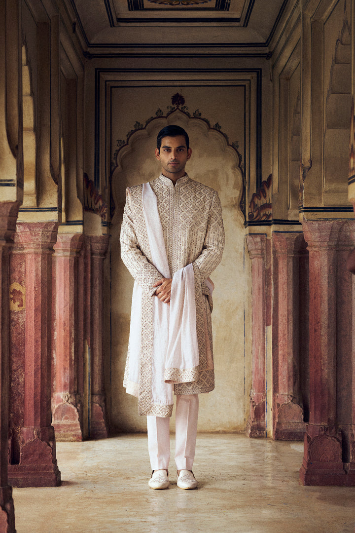 Blush Raw Silk Sherwani With Kurta And Trouser