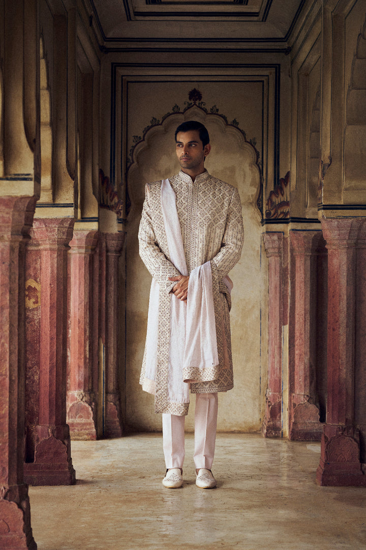 Blush Raw Silk Sherwani With Kurta And Trouser