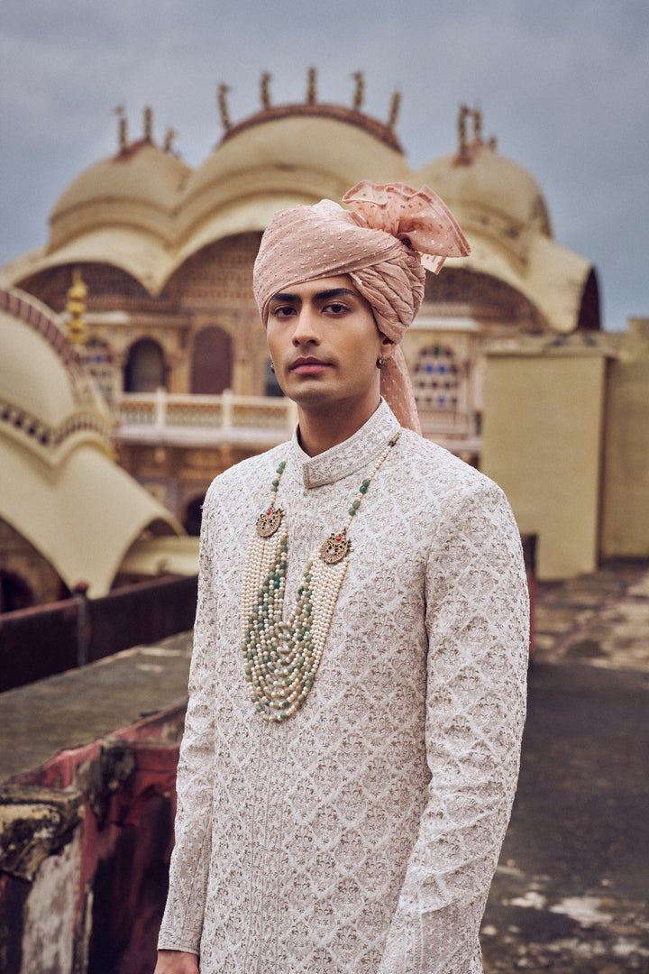 Nude Raw Silk Sherwani With Kurta And Churidar