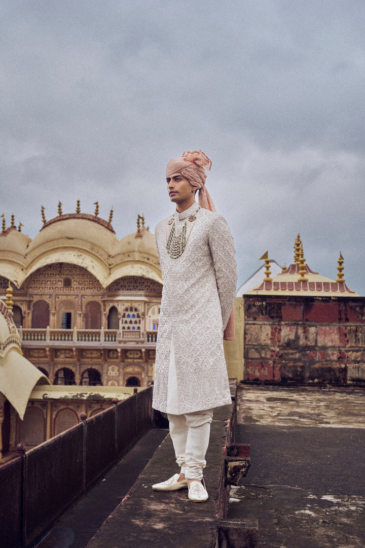 Nude Raw Silk Sherwani With Kurta And Churidar