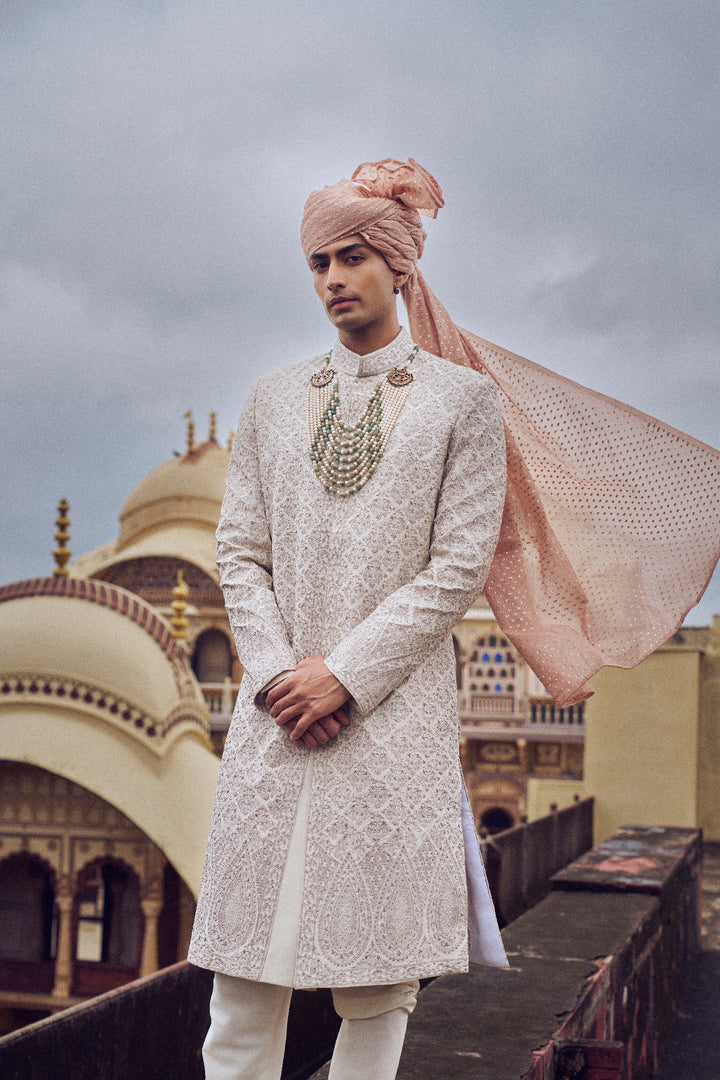 Nude Raw Silk Sherwani With Kurta And Churidar