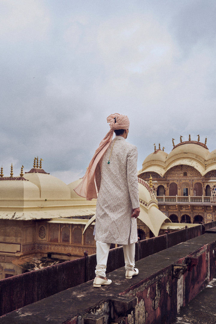 Nude Raw Silk Sherwani With Kurta And Churidar