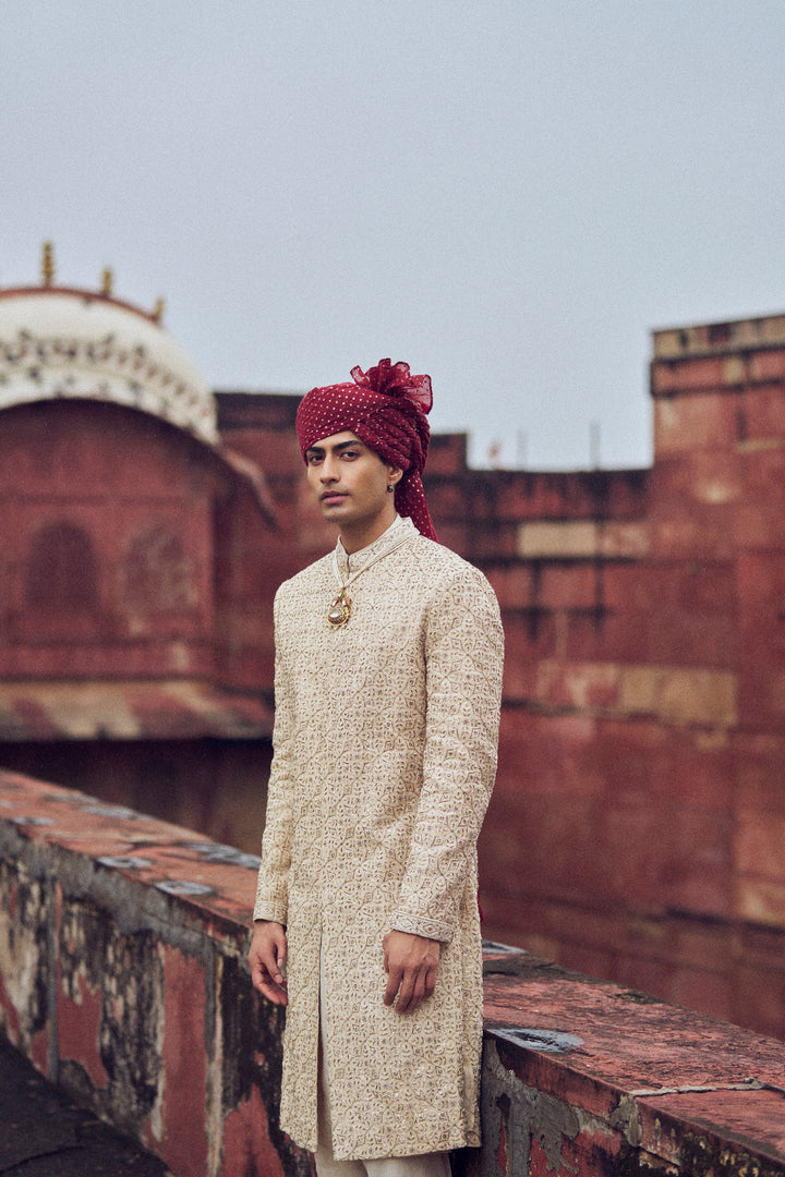 Light Beige Raw Silk Sherwani With Kurta And Churidar