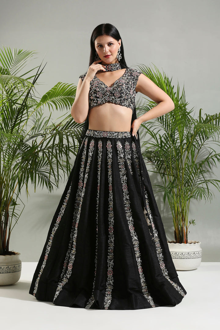 Black Thread And Mirror Hand Embroidered Lehenga Set